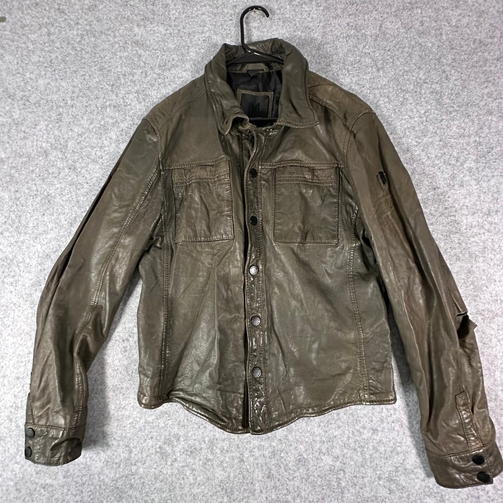 Mauritius Leather Jacket Mens Small Green Lambskin Regular Fit Tear Left Sleeve